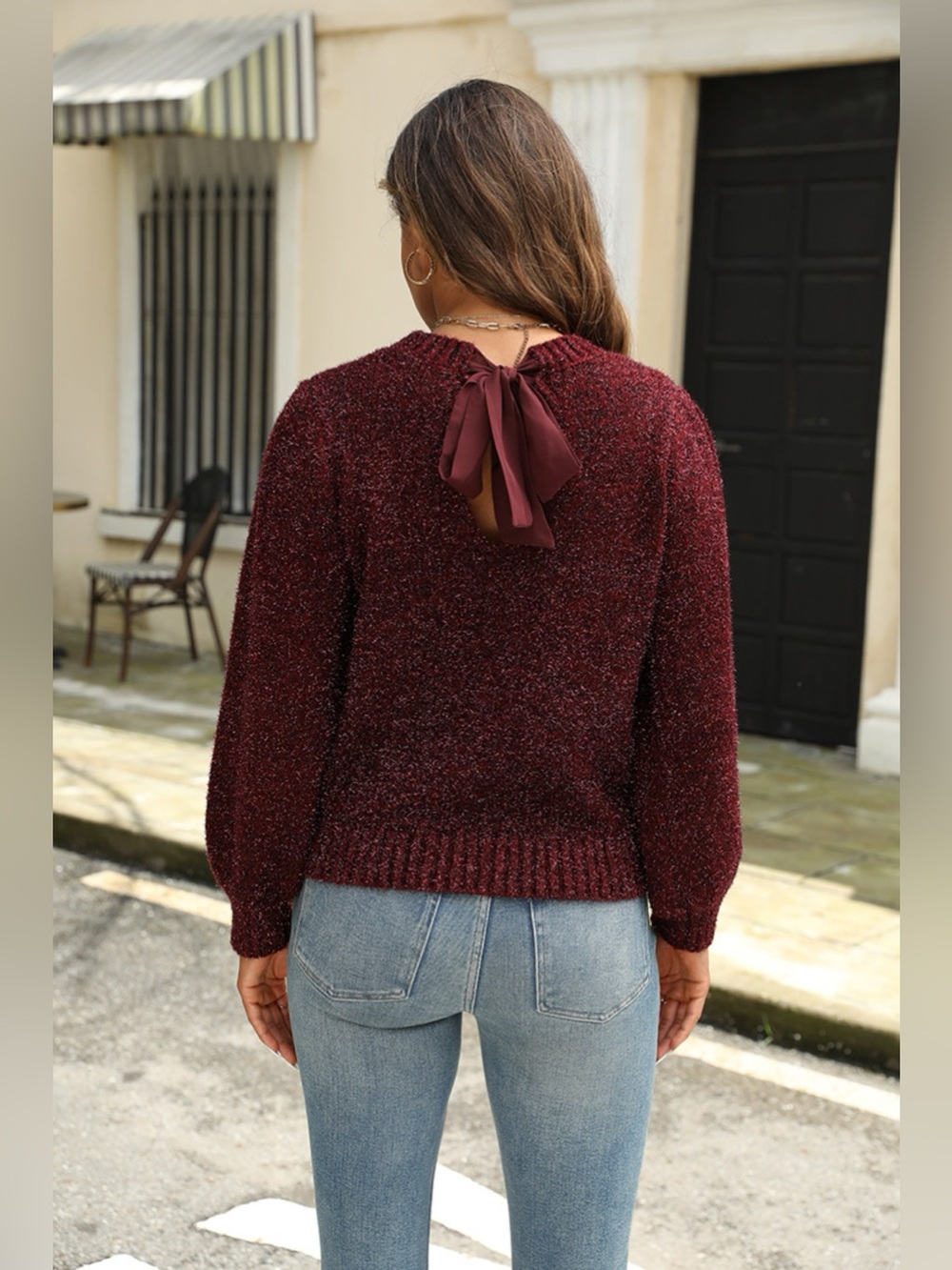 Tied Heathered Round Neck Long Sleeve Sweater